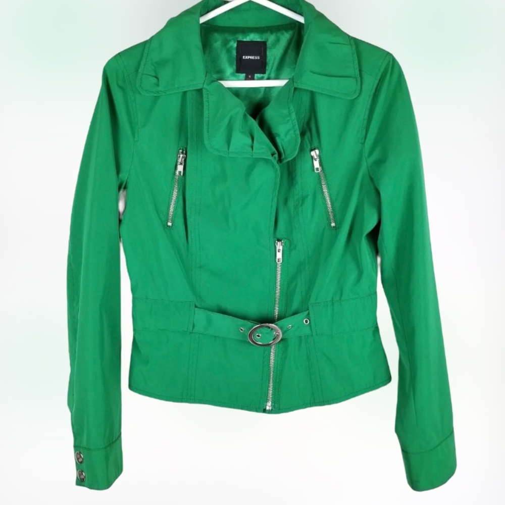 NWOT Express Women’s Zippered Moto Rain Jacket Emerald GREEN 🍀 SZ Small